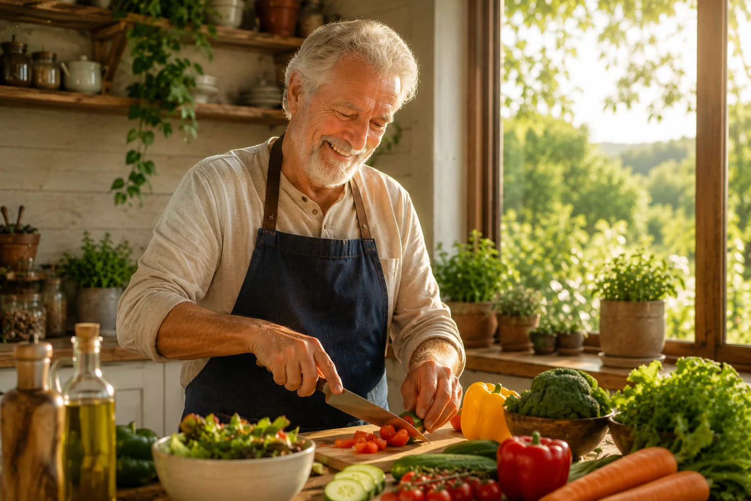 A silver-haired man cooking a fresh salad at a sunlit kitchen window over a lake, a chalkboard reading Good Food, Good Mood, Clear Mind, Happy Life behind him